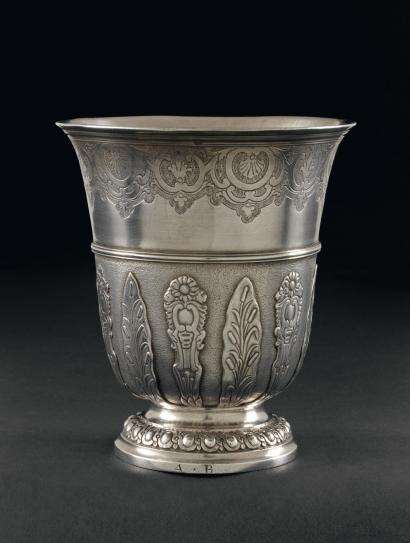Louis XV silver tulip form beaker with regence decoration and strapwork by Antoine Plot, Paris 1748